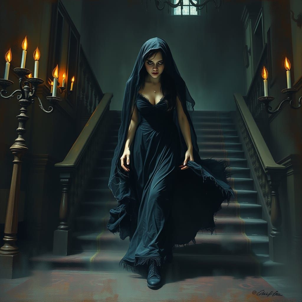 Ethereal Gothic Horror Figure Descends Staircase