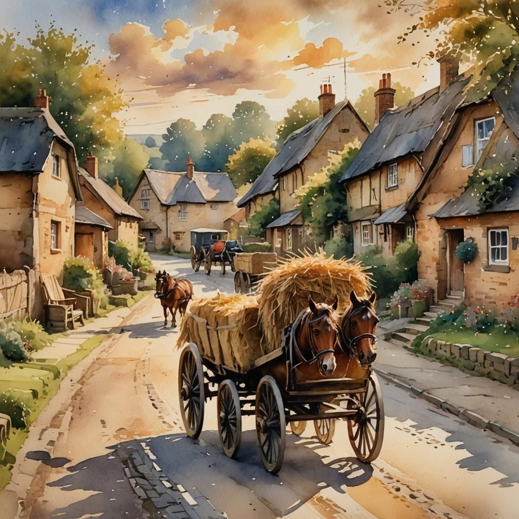 Idyllic English Village Scene in Watercolor Style