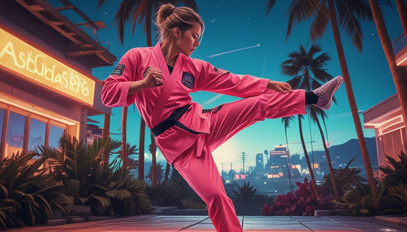Neon Karateka in a Vaporwave Dreamscape
