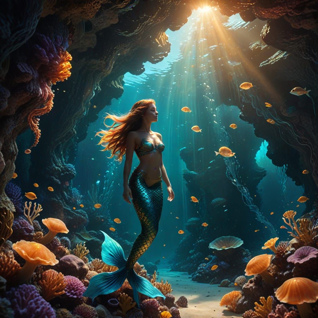 Mermaid in Coral Reef Sea Cave, Digital Painting