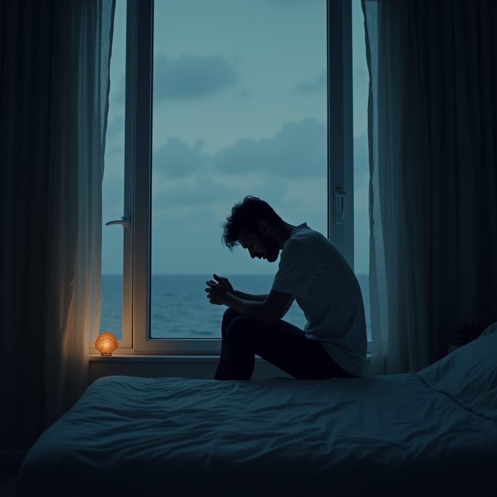 Melancholic Figure Gazing at Ocean: Cinematic Film Still