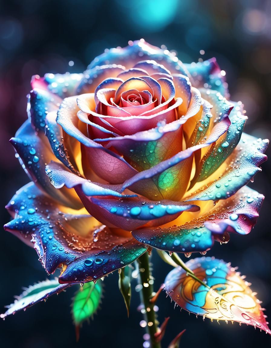 Iridescent Rose with Water Droplets in 3D