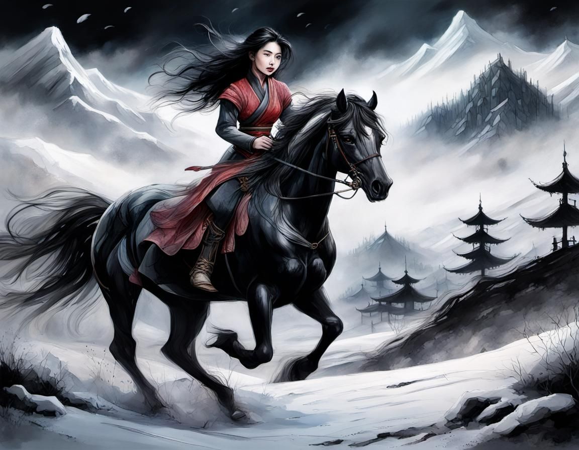 Mulan on Horseback in Mixed Media Style