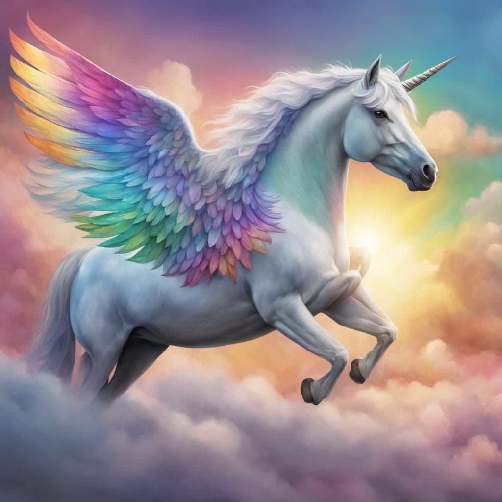 Winged Unicorn on Rainbow in Oil Painting Style