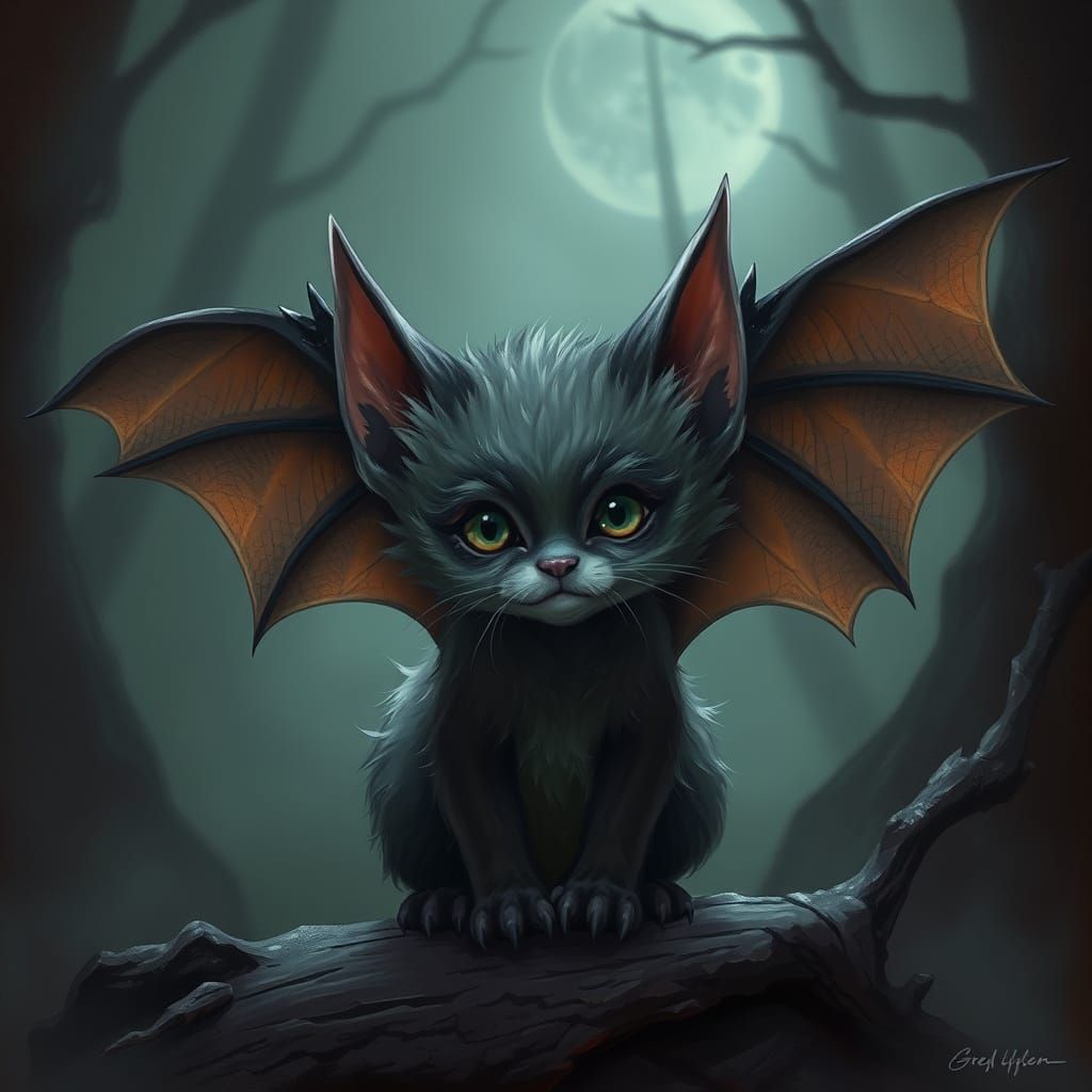 Mystical Bat Kitten Hybrid in Dark Fantasy Style