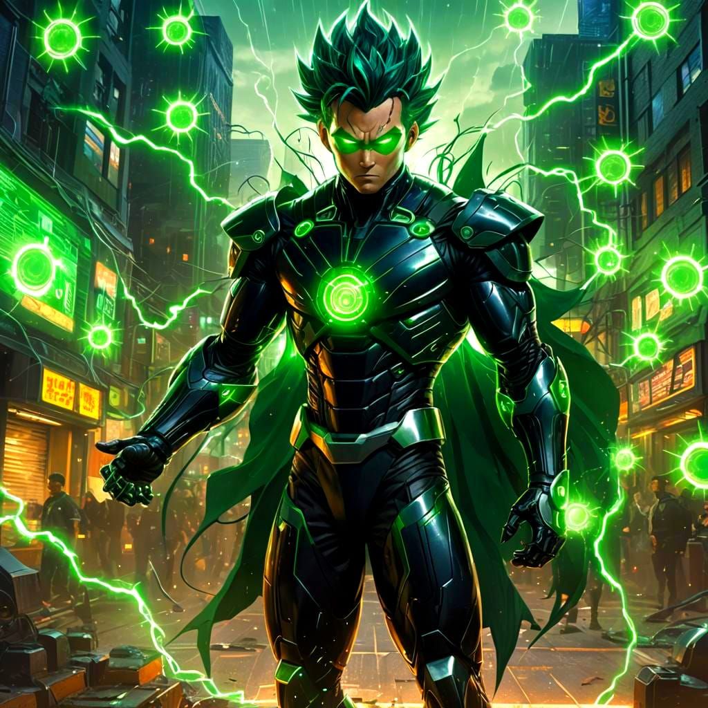 Cybernetic Superhero Saiyan Transformation with Emerald Ligh...
