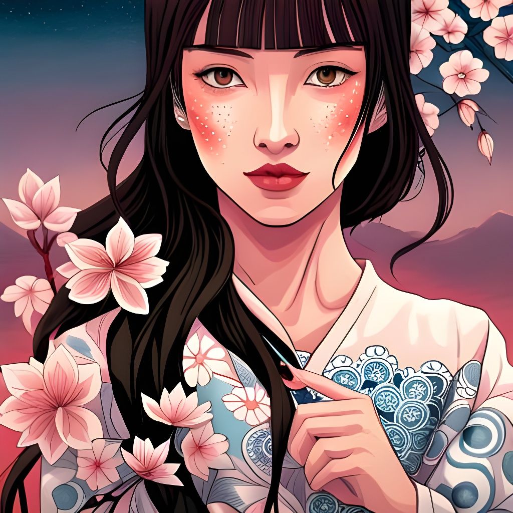 Japanese Girl in Kimono with Cherry Blossoms