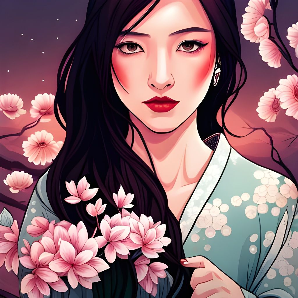Japanese Girl in Kimono with Cherry Blossoms