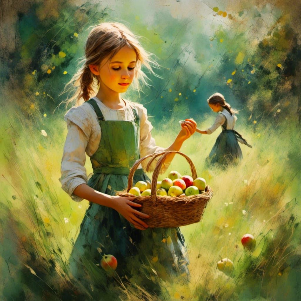 Impressionist Girl Picking Apples in Golden Field