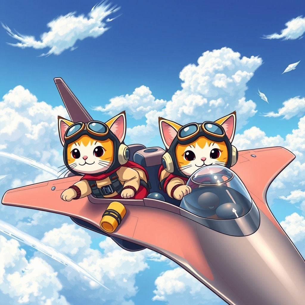 Chibi Cats Soaring in Fighter Jet: Anime Style