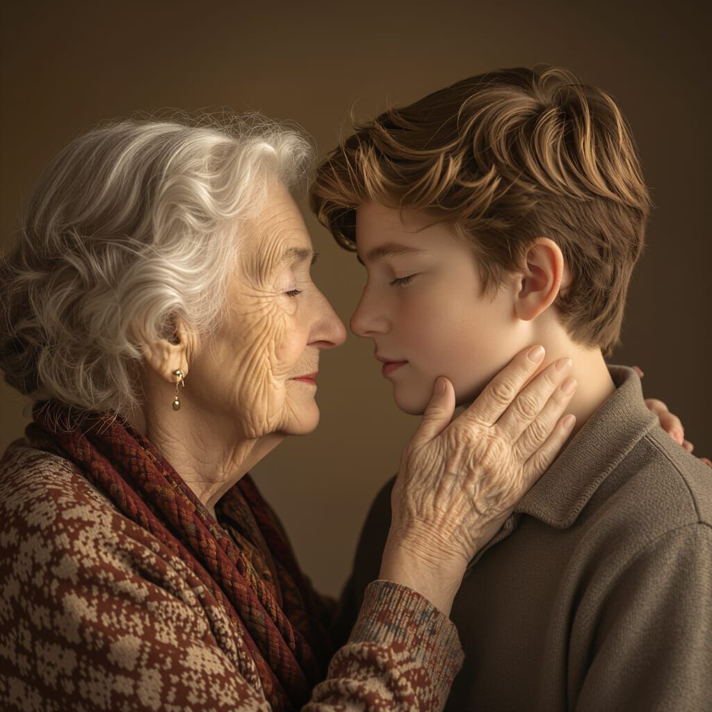 Elderly Mother and Son, Tender Moment in Sepia Tones