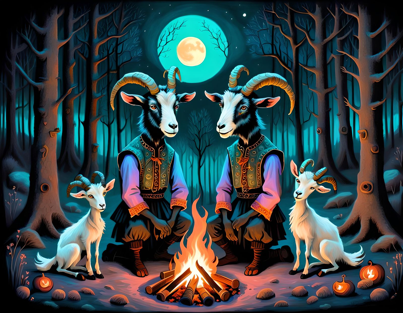 Whimsical Two-Headed Goat Boy in Moonlit Forest