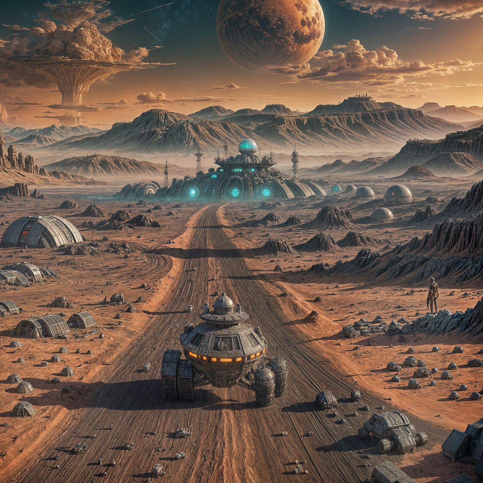 Futuristic Mars Colony Rover in Atmospheric Landscape