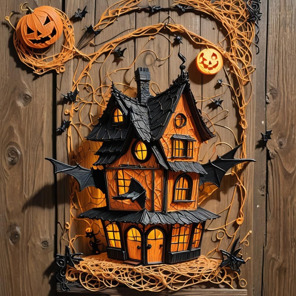 Chibi Bat Halloween Scene in Naive String Art