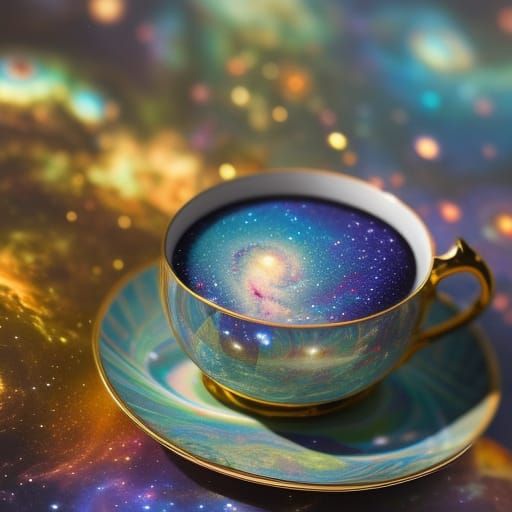Cosmic Galaxy in Teacup: Holographic Astral Illustration