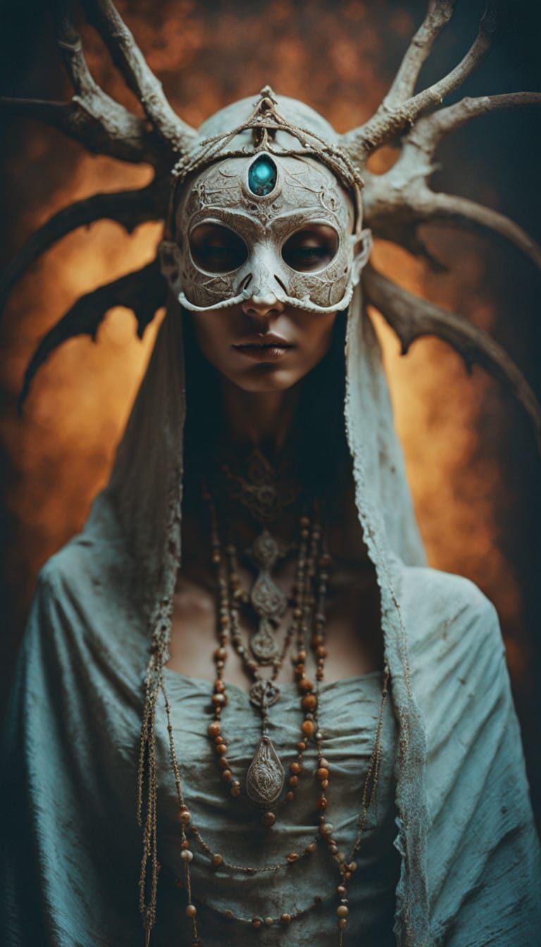 Mysterious Paleolithic Woman in Ritual, Cinematic Closeup Po...