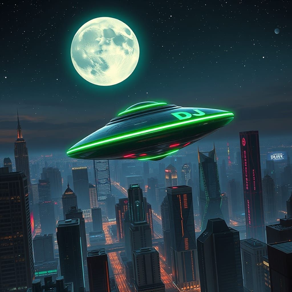 UFO Over Cyberpunk Cityscape at Dusk