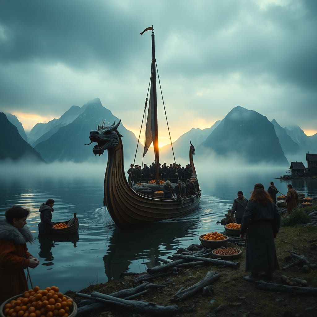 Viking Longship Arrives at Fjord Sunrise in Ultrarrealism