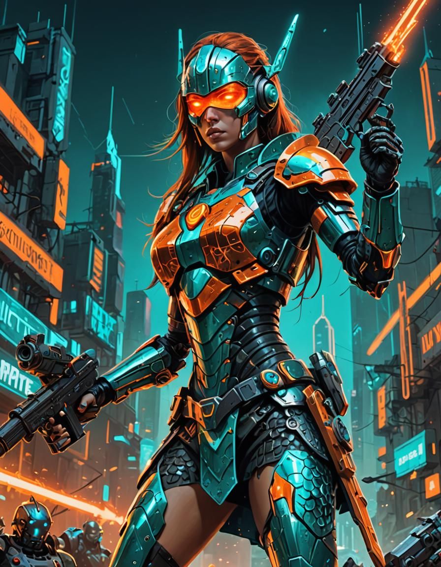 Cyborg Warrior Woman Splash Art in Surreal Style