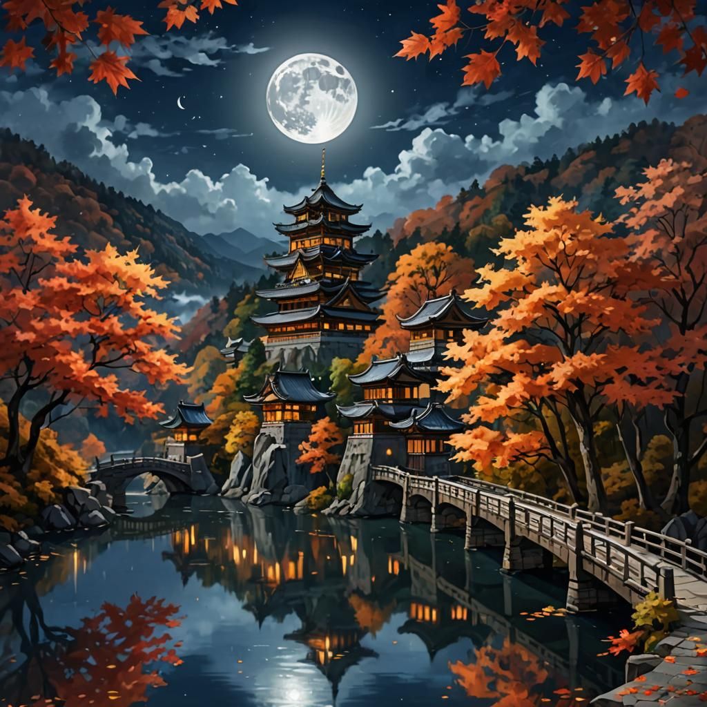 Autumnal Moon Over Mountain Lake Scene