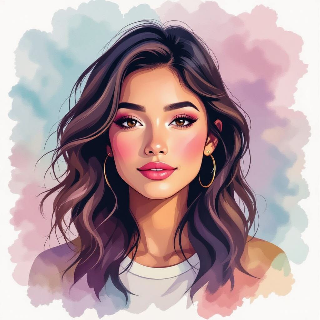 Latina Woman Portrait in Expressive Watercolor Style