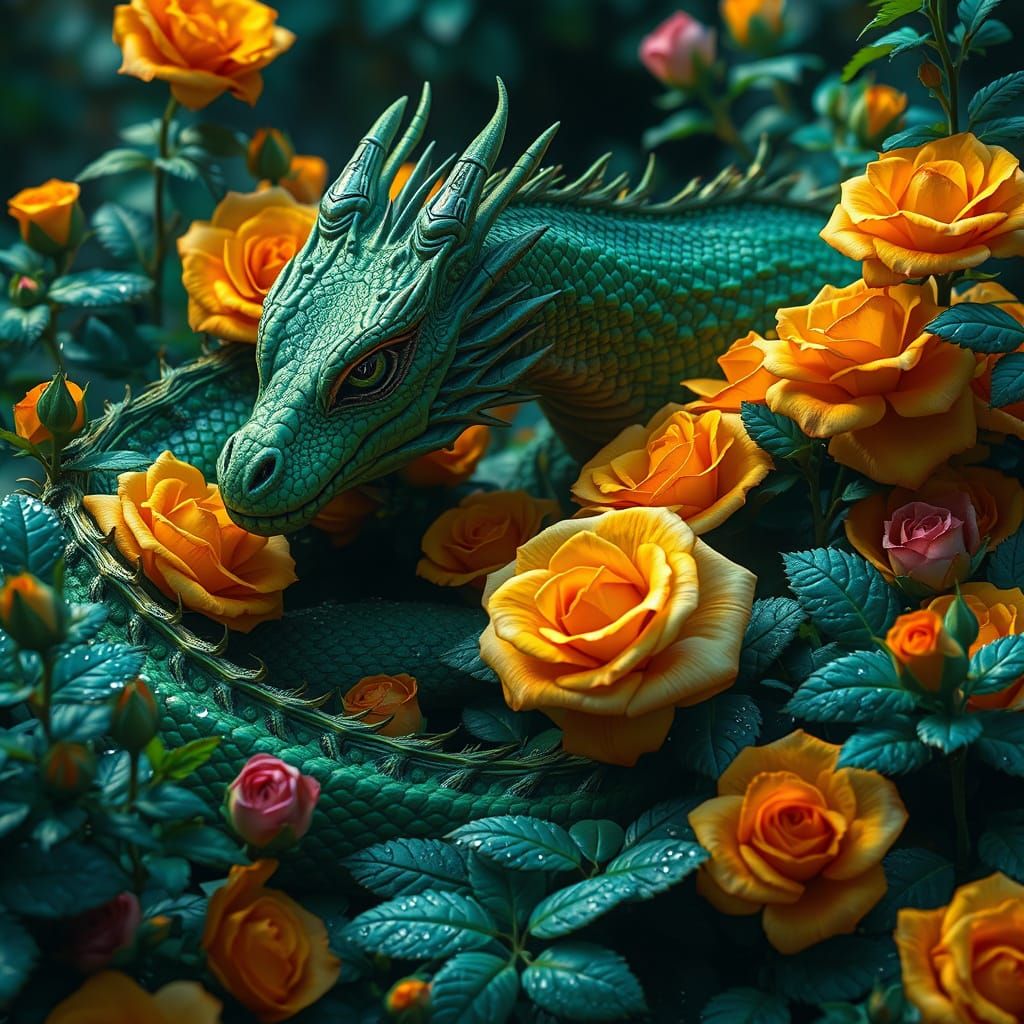 Ethereal Green Dragon in Vibrant Rose Garden
