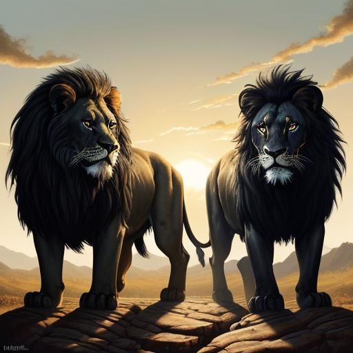 Black Lion with White Mane Roaring, Impasto Painting