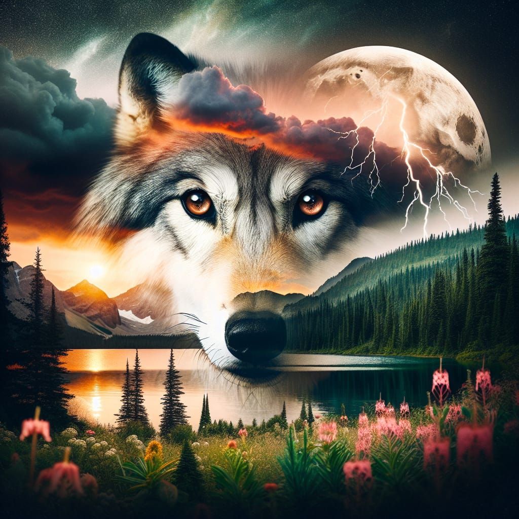 Double Exposure Wolf Silhouette with Mountain Lake