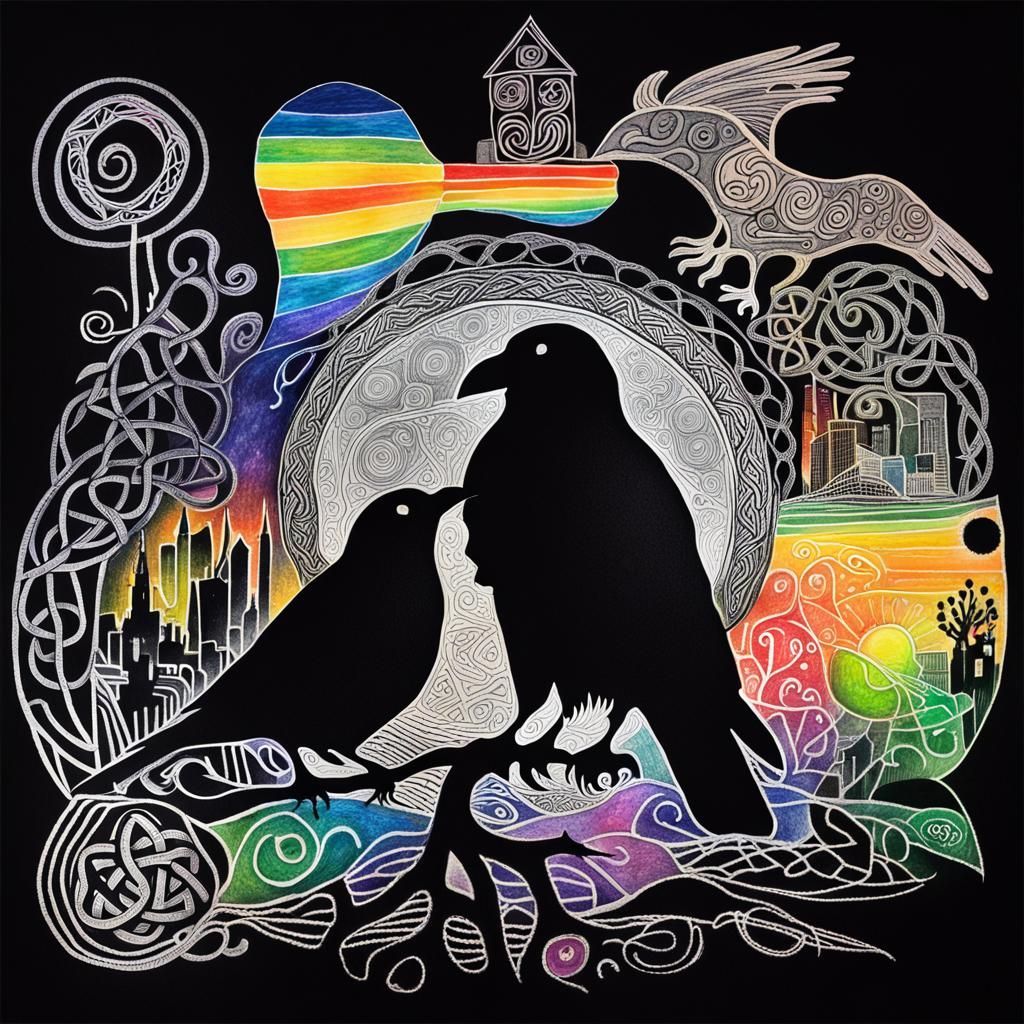 Surreal Celtic Raven Silhouette in Crayon Style