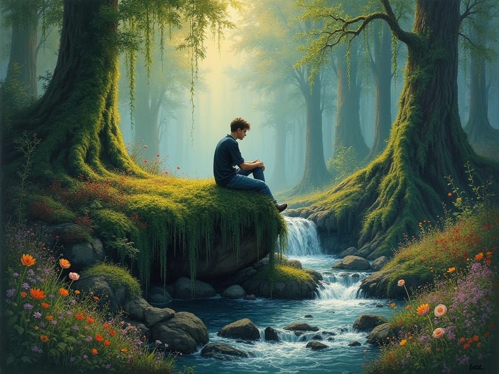 Young Man Contemplates in Lush Forest Gouache