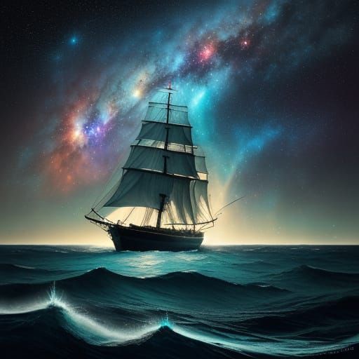 Cosmic Sailboat Voyage in Impressionistic Style