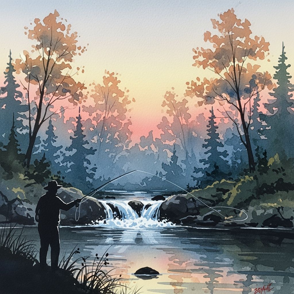 Expressionist Watercolor of Fly Fisherman at Dawn