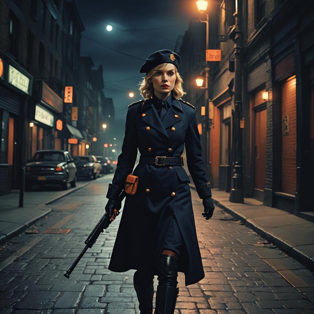 Woman in Dark Uniform Walking on Dark Street