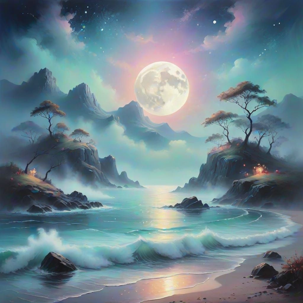 Dreamy Moonlit Landscape in Pastel Oil Painting