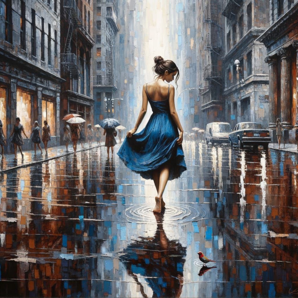 Rainy City Street Scene as Impasto Painting