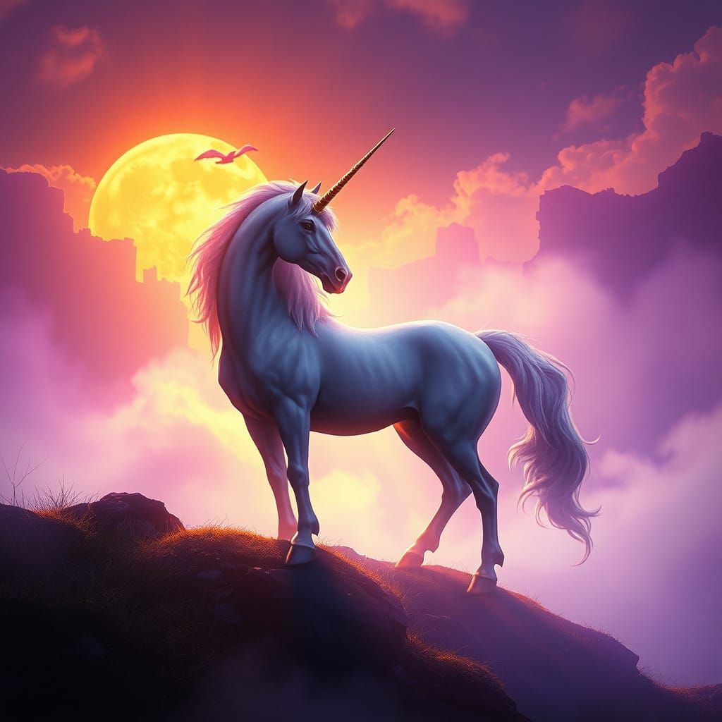 Majestic Unicorn in Mystical Valley with Regal Leonine Tail
