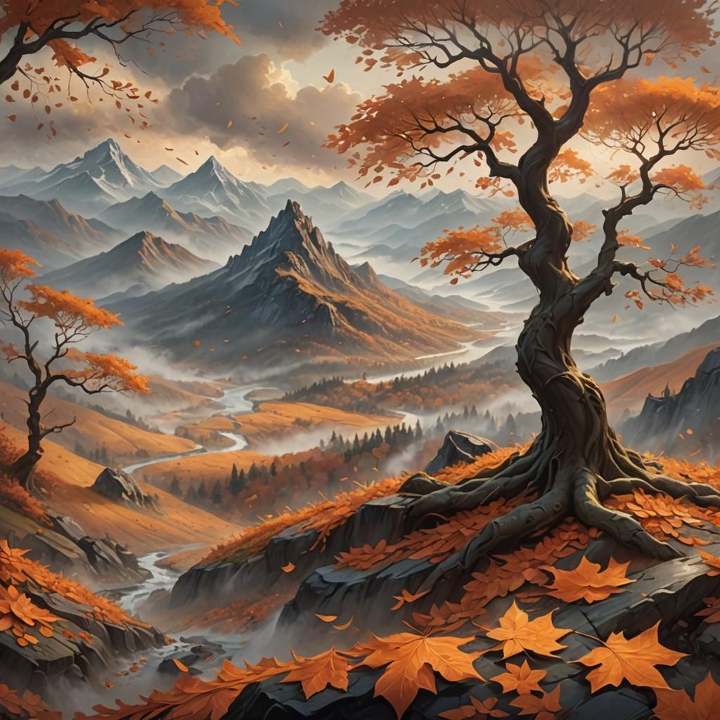 Fantasy Landscape with Swirling Autumn Leaves