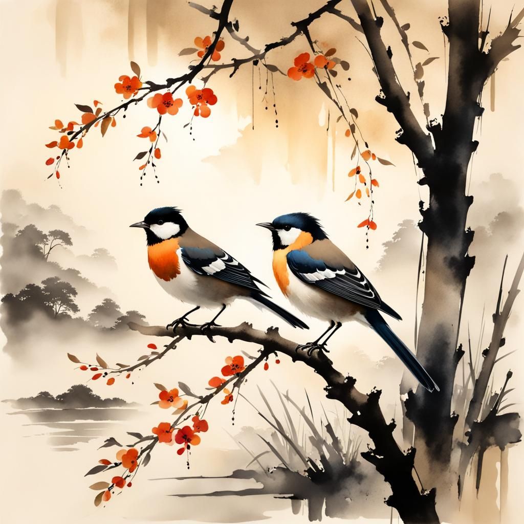Birds on Branches: Muted Chinese Ink Painting