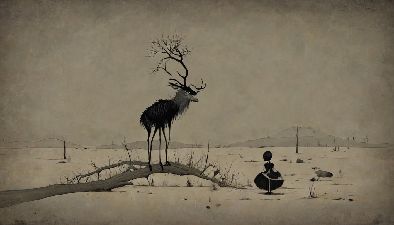 Surreal Protagonist Faces Weird Creatures in Desolate Landsc...