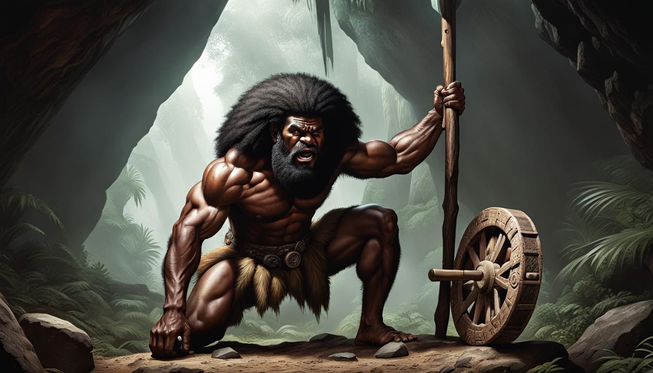 Hyperrealistic Caveman with Stone Wheel Comic Art
