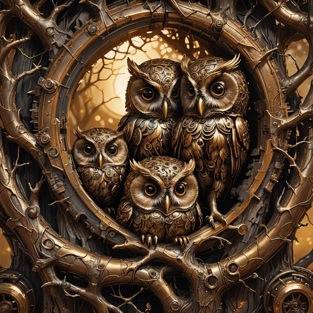 Steampunk Owls in a Tree Digital Art