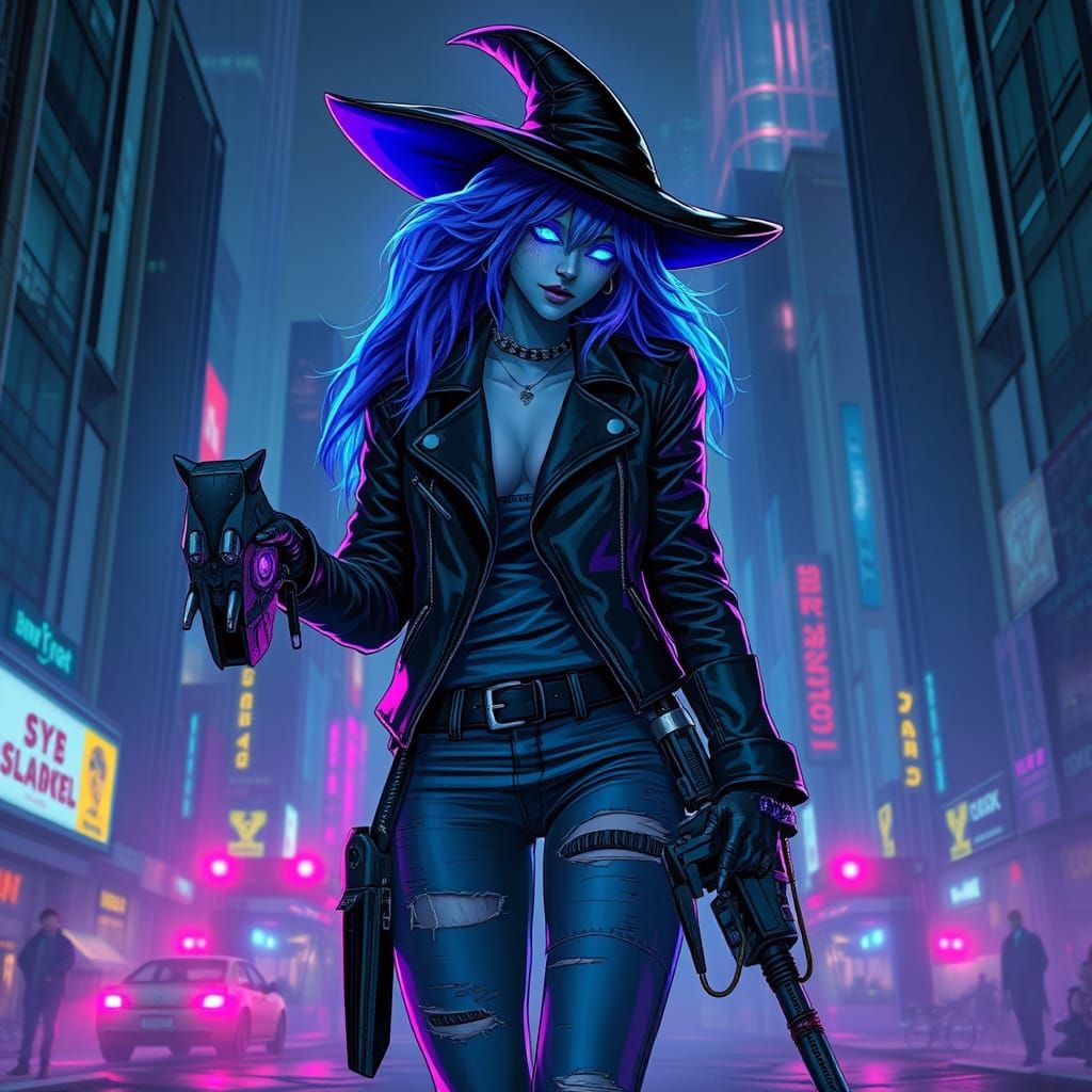 Cyberpunk Witch with Robotic Familiar in Dystopian City