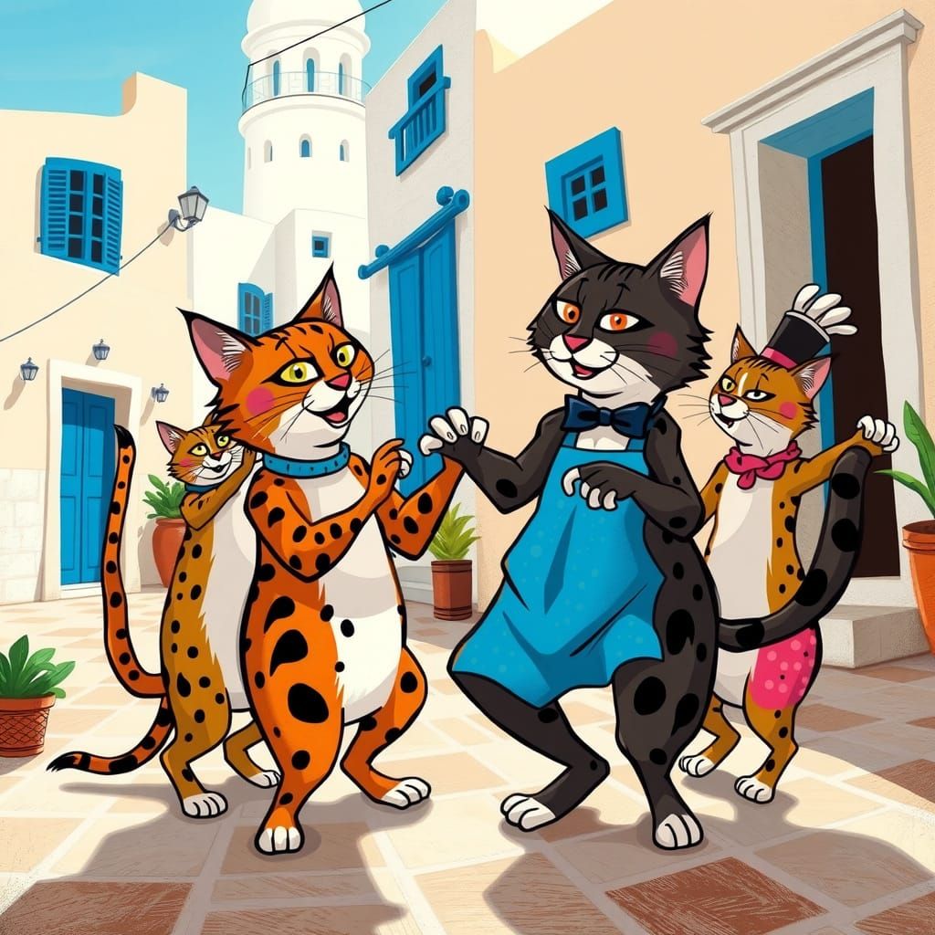Greek Cats Dance Zorba in Vibrant Village Scene
