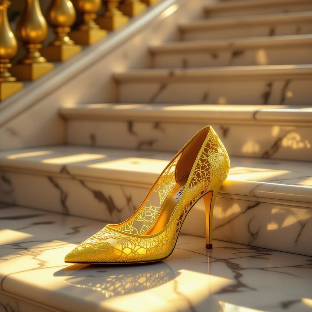 Elegant Yellow Lacy High Heel Abandoned on Grand Party Stair...