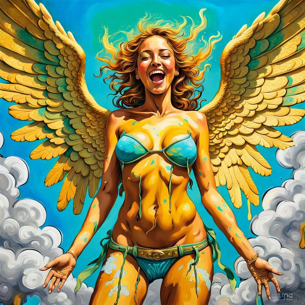 Joyful Golden Angel with Green Wings in Graffiti Art