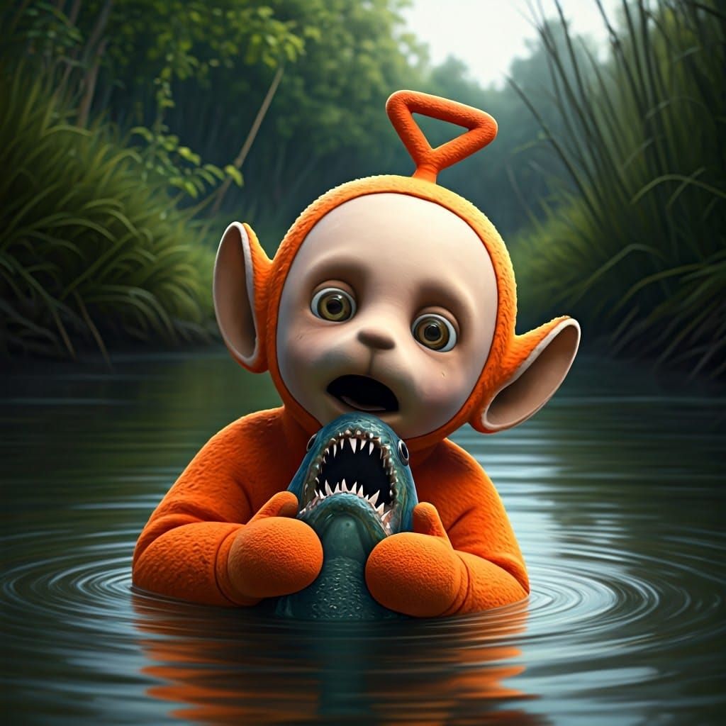 Horrified Teletubby in Tim Burton-Style Surrealism