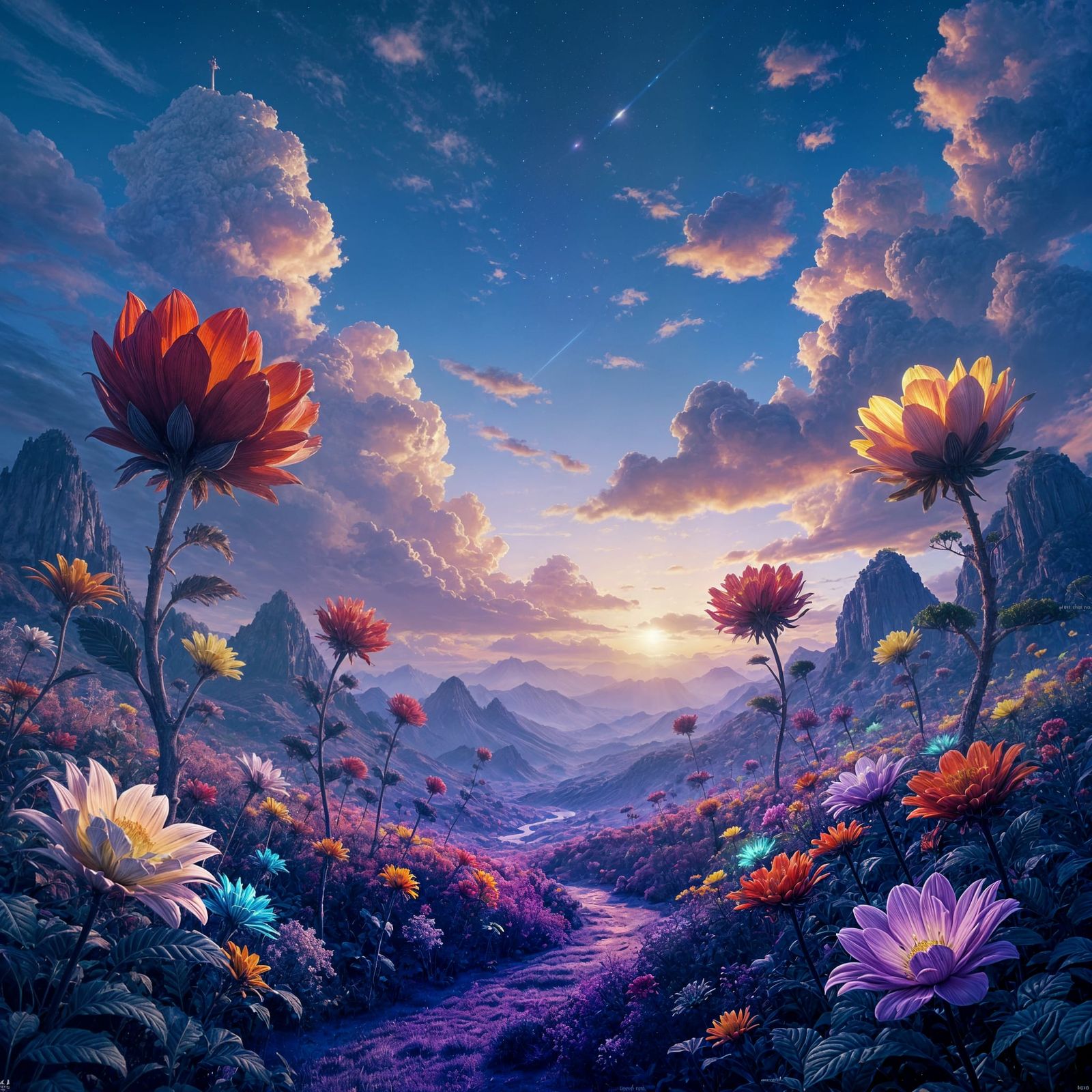 Vibrant Flower Forest with Bioluminescent Spirits