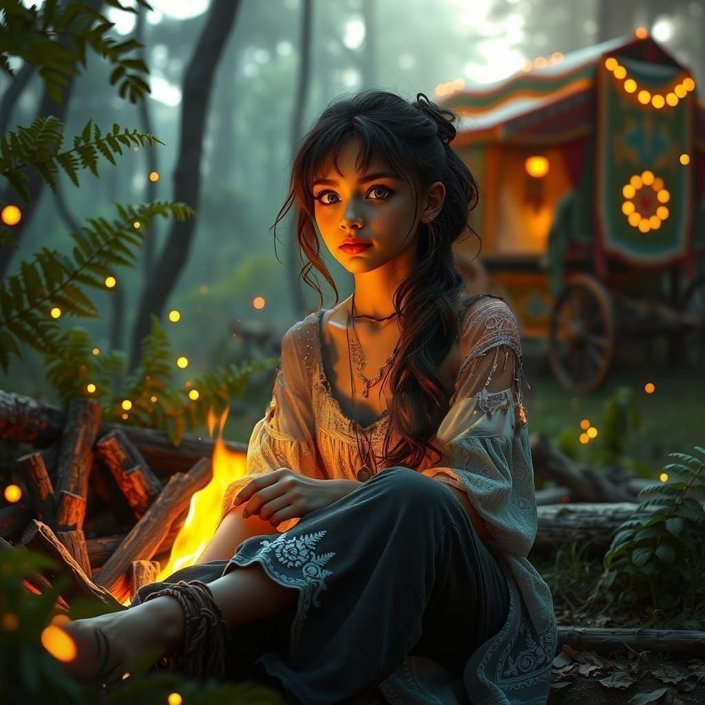 Teen in Forest with Fireflies, Digital Art