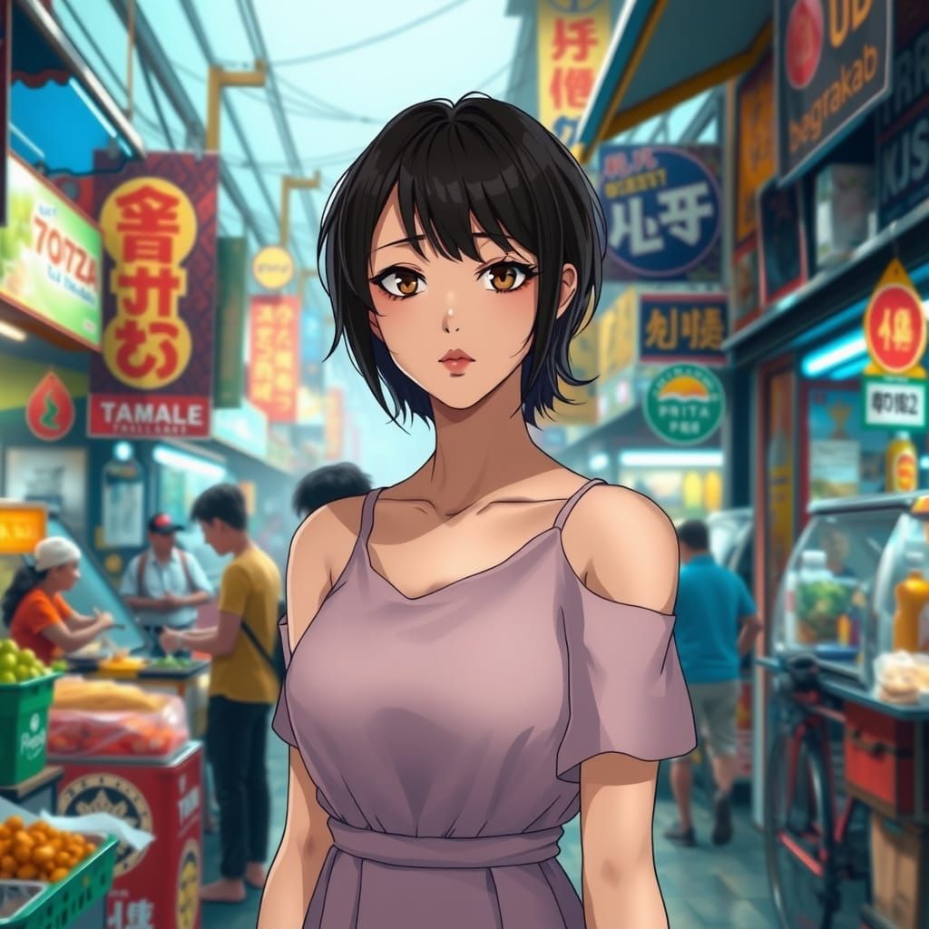 Elegant Bangkok Market Woman in Anime Style