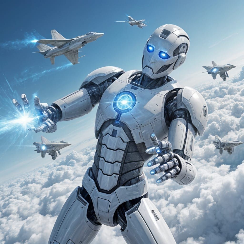 A robot shooting his blue plasma ray from his palms at milit...